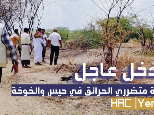 ضمن استجاباتها الطارئة، خلية الأعمال الإنسانية | HAC تغيث متضرري الحرائق في مديريتي حيس والخوخة بالمأوى والغذاء